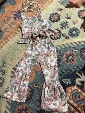 Floral Ruffle Two-Piece Jumpsuit Set - Pink & Green